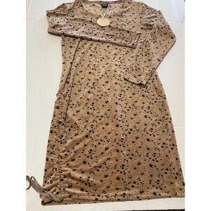 NWT Laila Ali Women's Sz M Tan Black Paint Spatter Adjustable Ruched Soft Dress